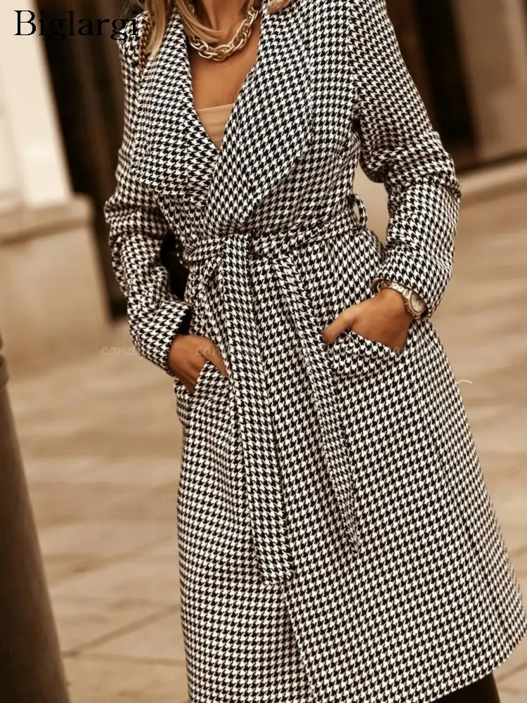 

Шерстяное осеннее пальто для женщин, модные офисные пальто в клетку с длинным рукавом и принтом, свободное повседневное женское пальто, 2023