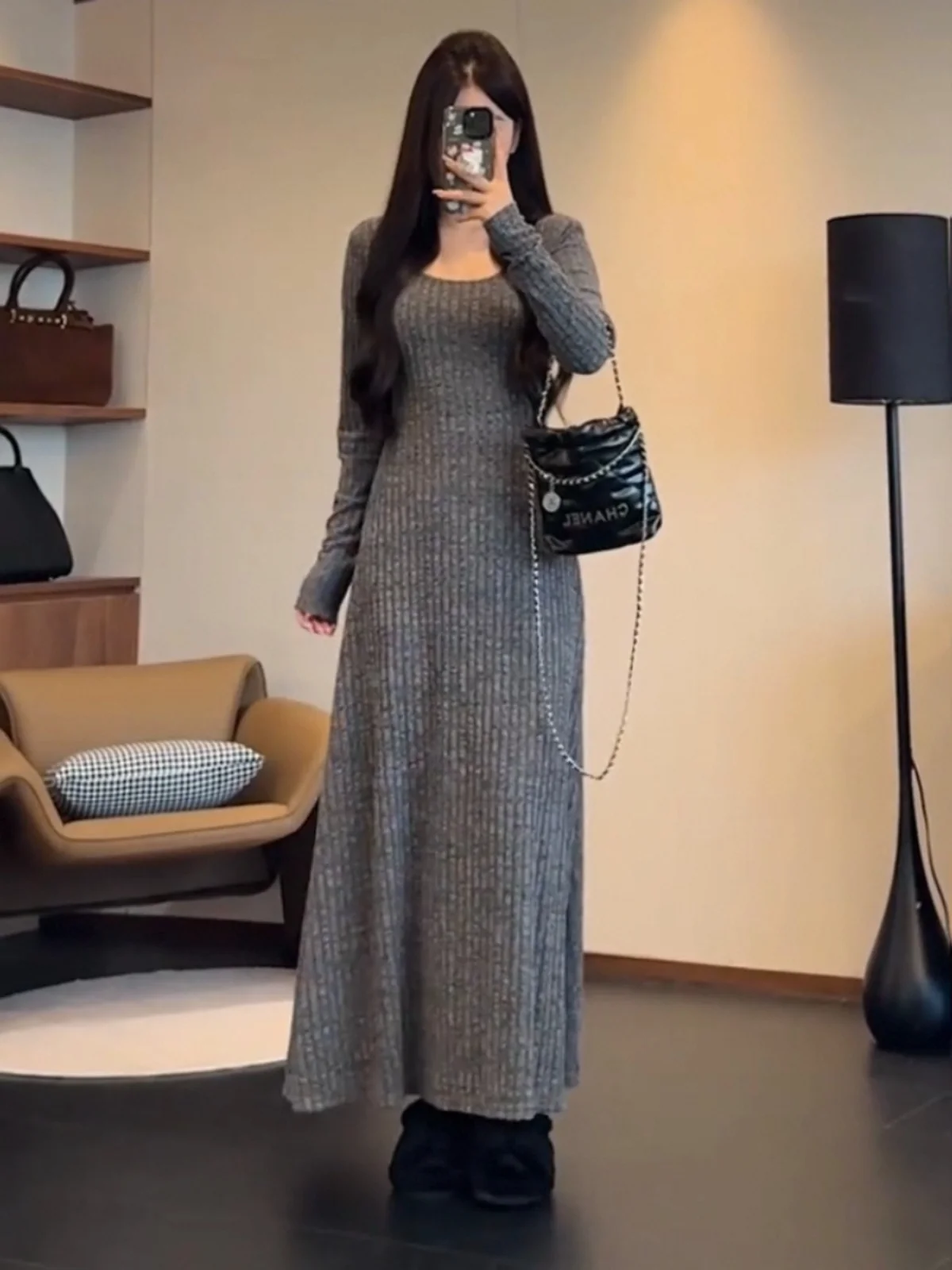 Plus size U Collar Knitted dress Women Winter Inner wear Waist Hugging Chubby Girl Slimming Sheath Skirt Royal Sister Sle T...