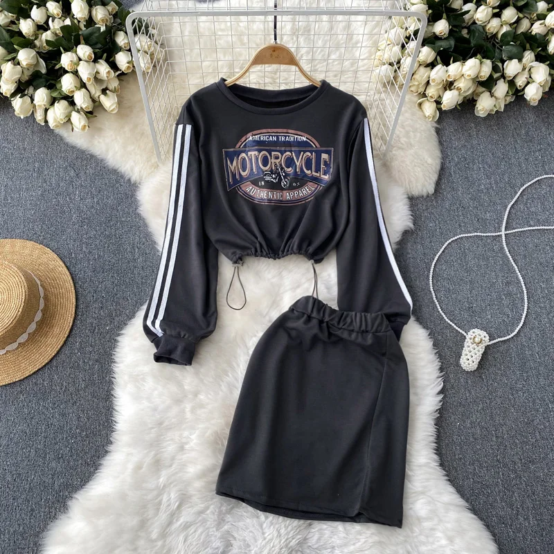 

Autumn Korean Net Red Drawstring Short Letter Sweater+high Waist Short Split Skirt Two-piece Set