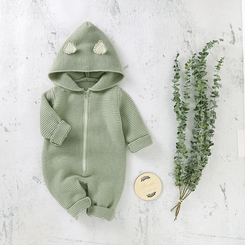 

Baby Rompers Knit Infant Girls Boys Jumpsuit Long Sleeve Newborn Kid Clothes Fashion Hooded 0-18M Solid Overalls Zipped Playsuit