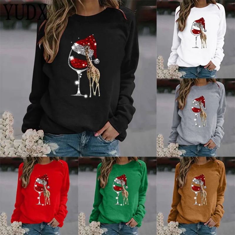 

Yudx 2023 Christmas Halloween Wine Glass Elk Pattern Printing Long Sleeve Crew Neck Sweater