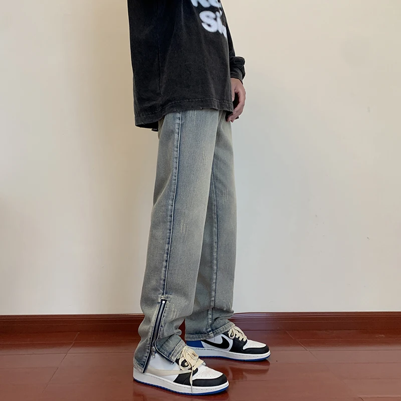 Four Seasons Jeans Men's Fashion Casual Blue Trousers Men's Street Loose Hip Hop Hole Straight Denim Trousers Men's Streetwear