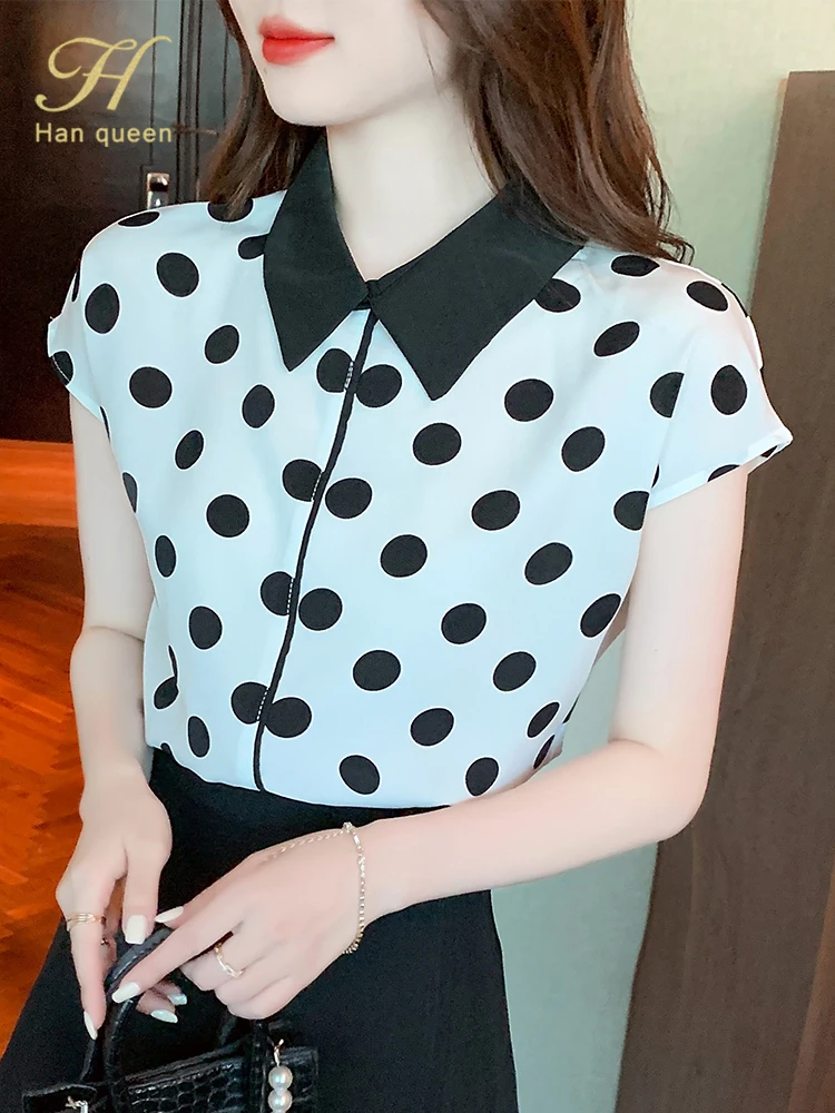 

Женская шифоновая блузка в горошек H Han Queen, элегантная повседневная винтажная рубашка в Корейском стиле, простая офисная одежда, топы для ра...