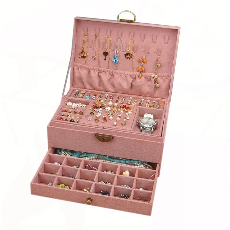 Three Layers Jewelry Boxes With Lock Large Capacity Storage Box Velvet Jewelry Organizer Necklace Earrings Rings Display Holder