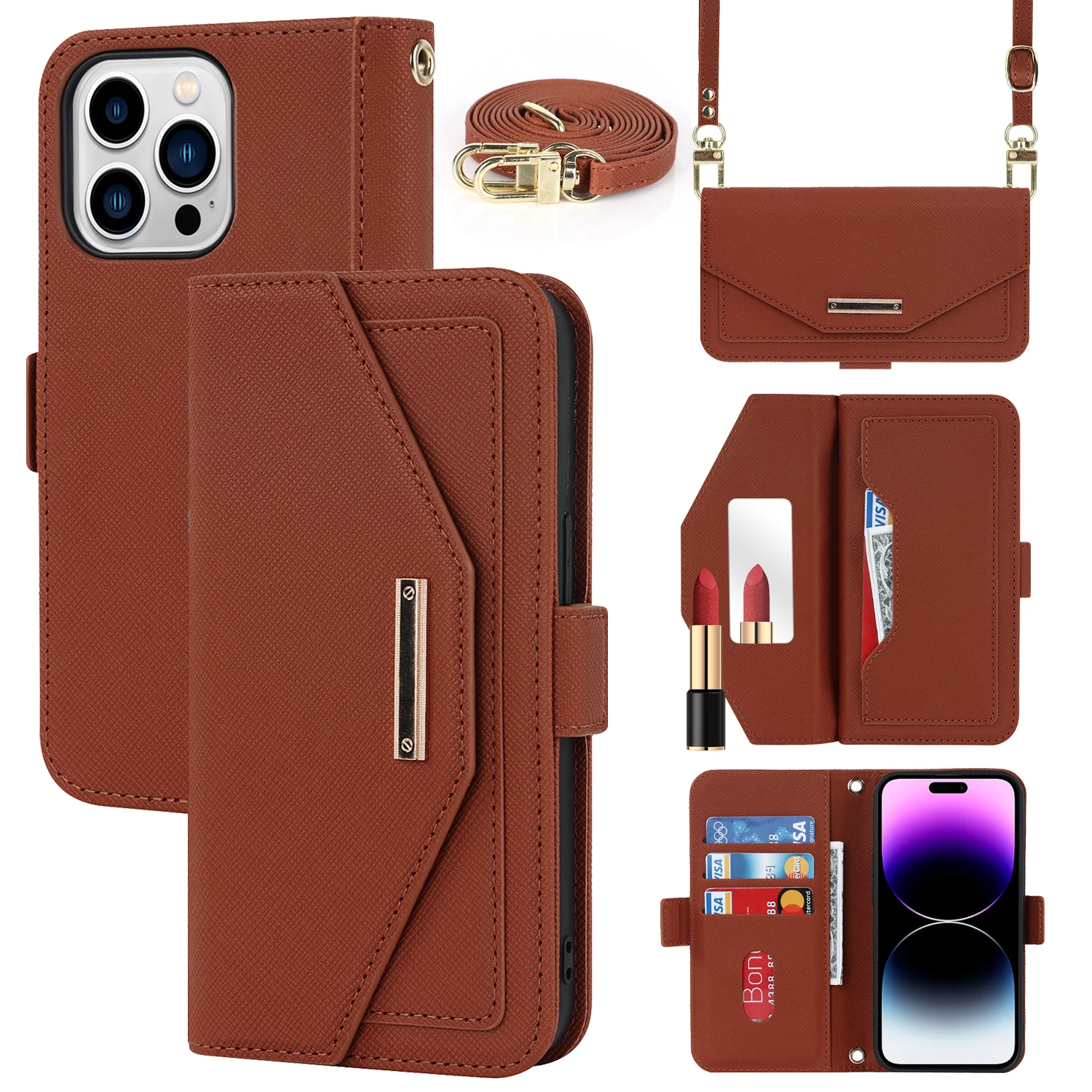 Leather Wallet Card Holder Case For iPhone 14 Pro Max 13 12 mini 11 Pro 7 8 Plus SE Coque With Long Crossbody Lanyard Cover