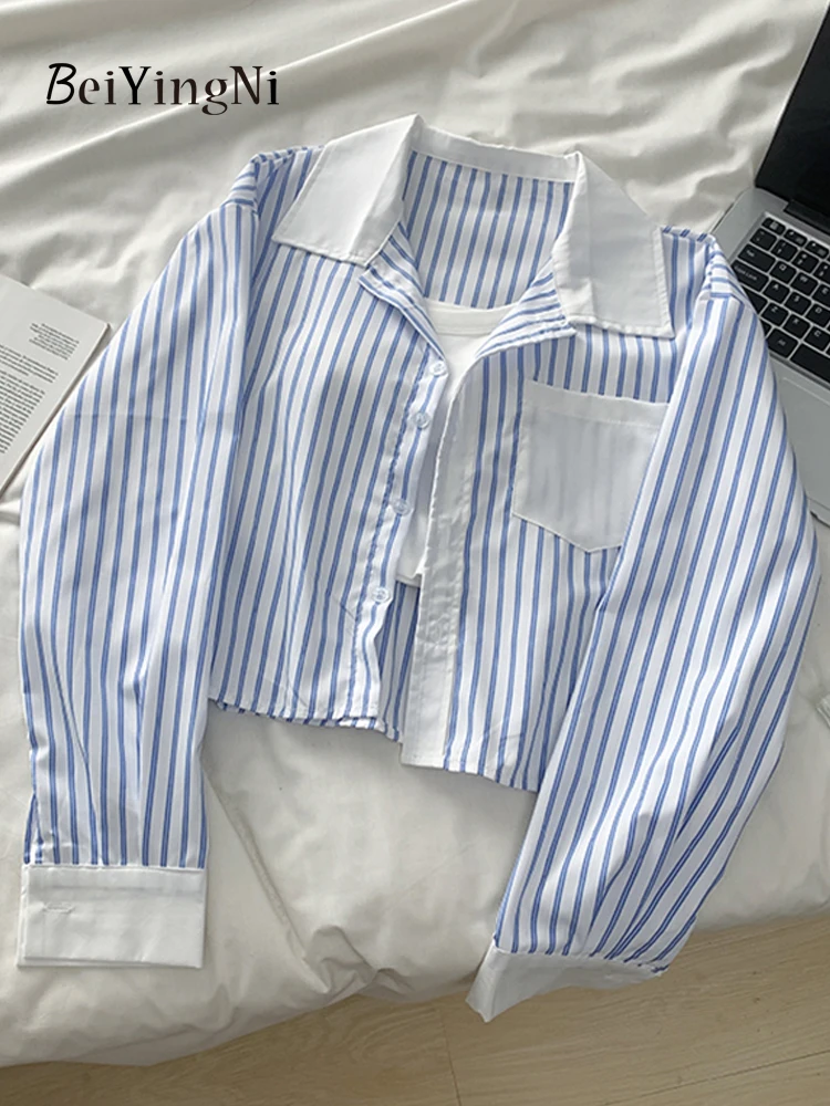 

Beiyingni Модные полосатые рубашки для женщин с карманами в стиле преппи корейские кроп-топы повседневные шикарные лоскутные блузки с длинным рукавом футболки