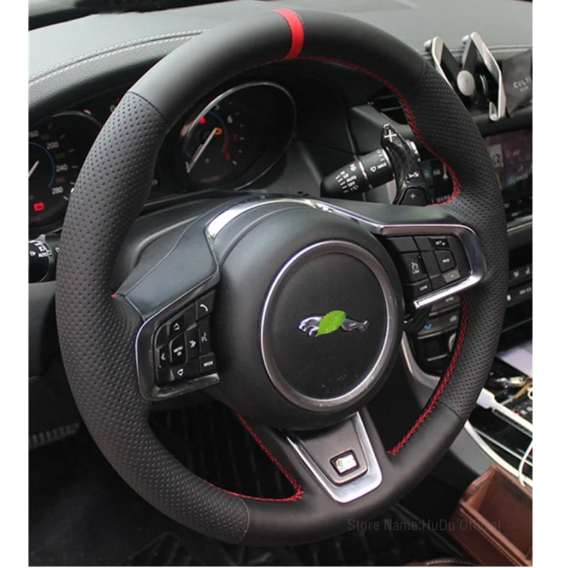 

DIY черная гладкая перфорированная кожа для Jaguar XFL XE XJL F-PACE XKR чехол рулевого колеса автомобиля автомобильные аксессуары для интерьера автомо...