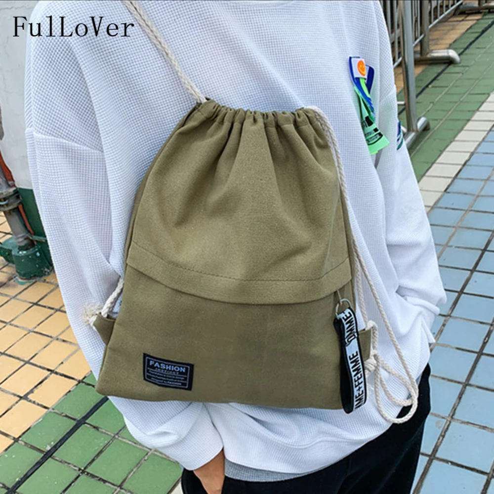

Backpack with Drawstring Pockets Women Canvas Simple Student Schoolbag Sports Cloth Shoulder Bags High Quality Casual Bags