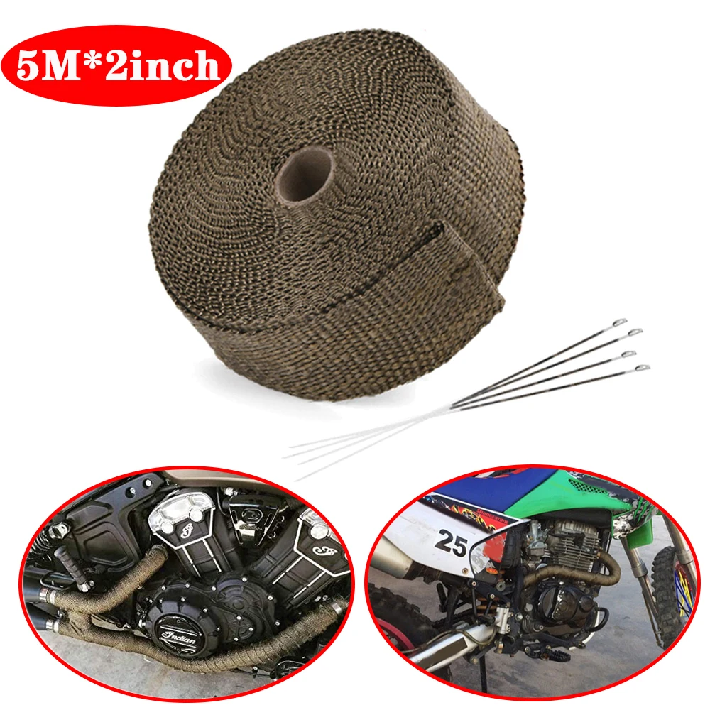 

5cm*5M Exhaust Heat Wrap Roll Titanium/Black for Motorcycle Fiberglass Heat Shield Tape with Stainless Ties