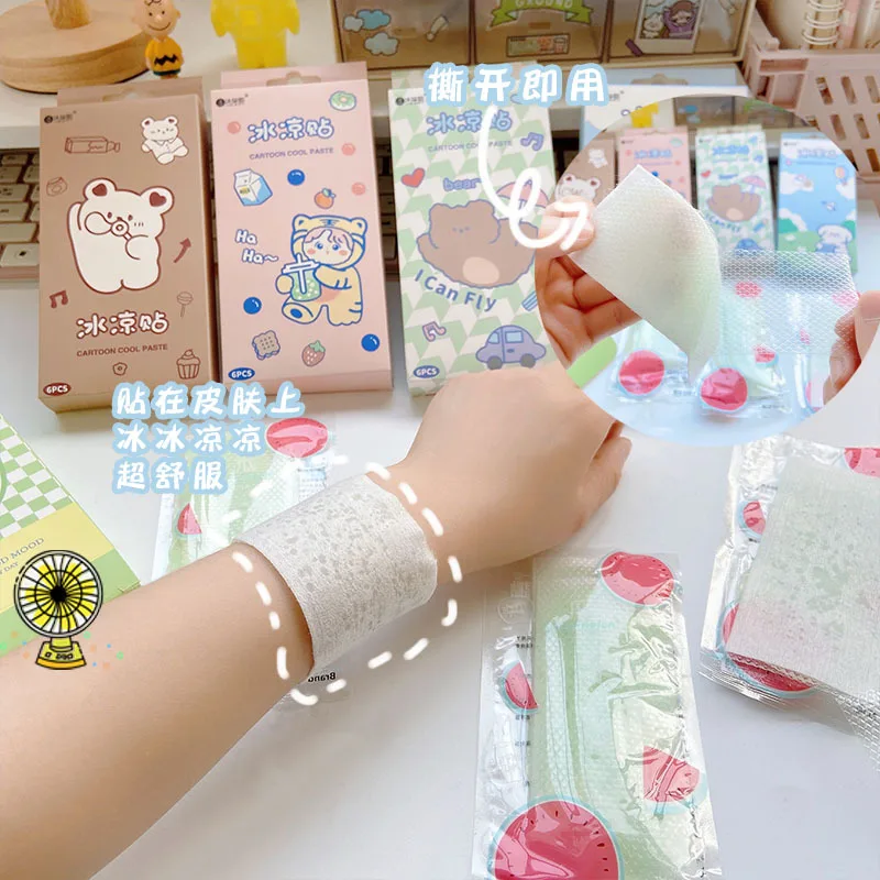 

6pcs/box Cute Cartoon Ice Cold Sticker Creative Summer Physical Cooling for Student A Must for Cooling In Summer for Kids Adult