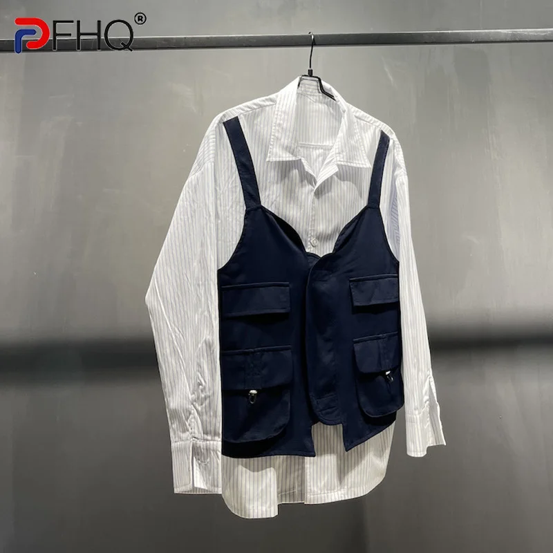 

PFHQ 2023 Trendy High Quality Original Men's Stripe Fake Two Piece Vest Shirts Street Summer Stylish Color Contrast Tops 21F1546