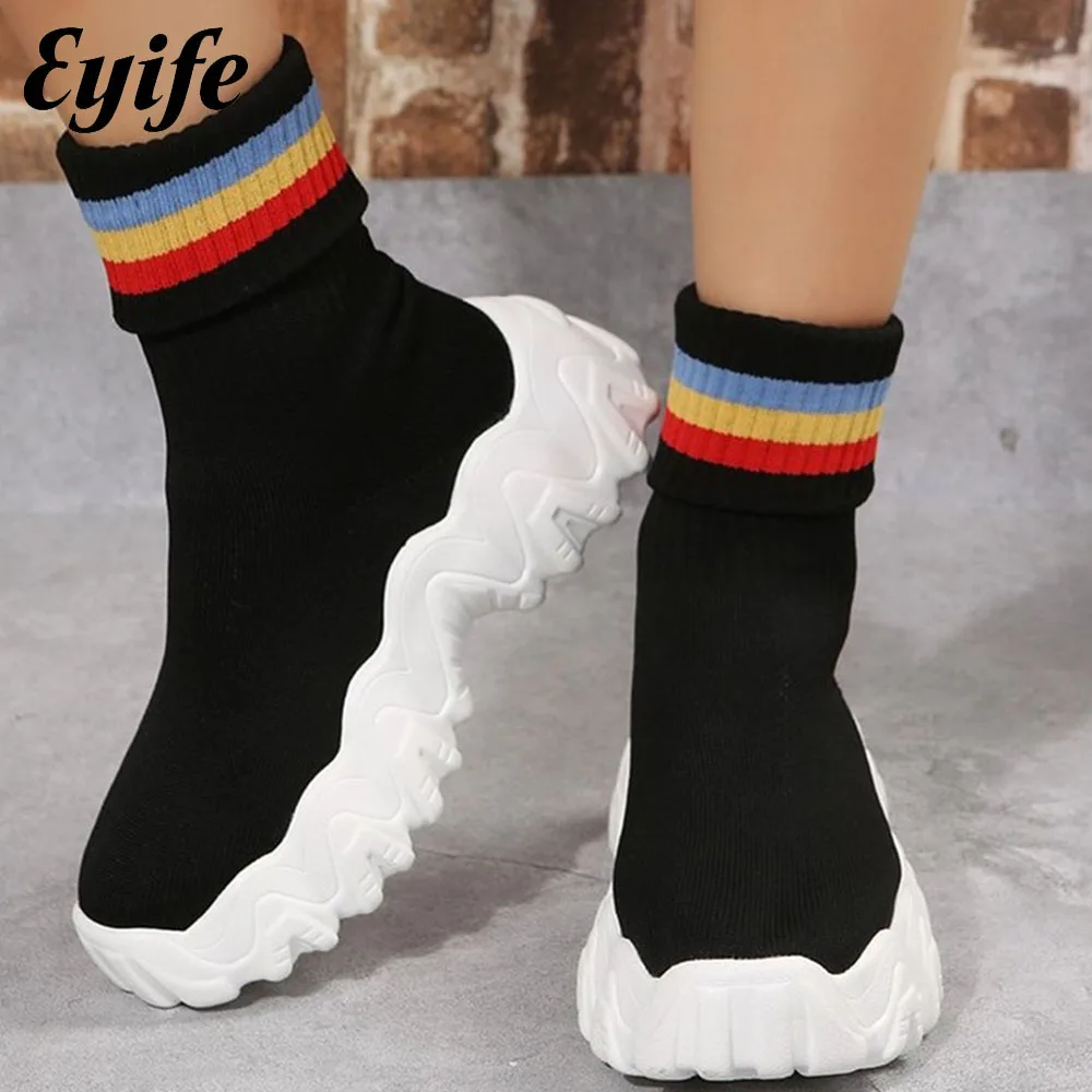 

High Top Sneakers Women 2023 Spring Winter Knitted Fabric Ladies Slip On Sock Boots 42 Large-Sized Female Walking Running Flats