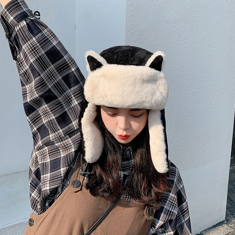 

Women Warm Trapper Aviator Trooper Earflap Hat Thicken Winter Cap Flaps Ski Hat Cat Ears Bomber Hats Unisex Ski Faux Fur Hats