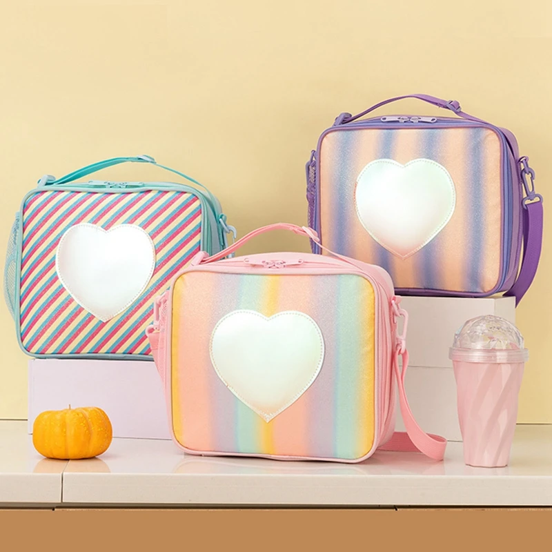 

Portable Bento Pouch Rainbow Loving Heart Laser Lunch Bag for Children Thermal Insulated Lunch Box Tote Cooler Bag Shoulder Bag