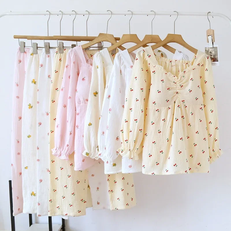 Пижамный комплект с длинным рукавом пуловер V-образным вырезом Женская марлевая