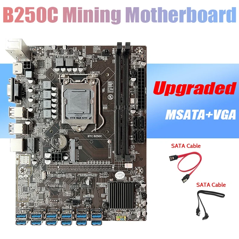 B250C BTC Mining Motherboard+2XSATA Cable12xpcie To USB3.0 Graphics Card Slot LGA1151 Support DDR4 RAM For ETH Miner