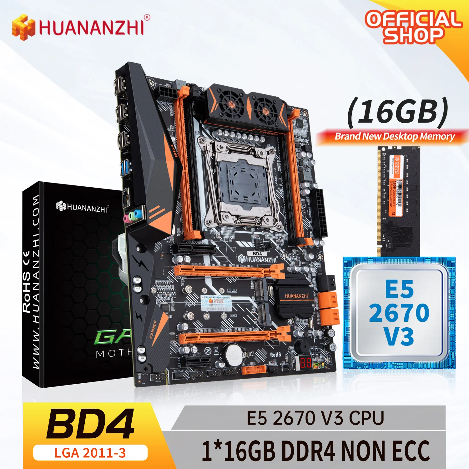 

HUANANZHI X99 BD4 LGA 2011-3 XEON X99 Motherboard with Intel E5 2670 v3 with 1*16G DDR4 NON-ECC memory combo kit set NVME NGFF