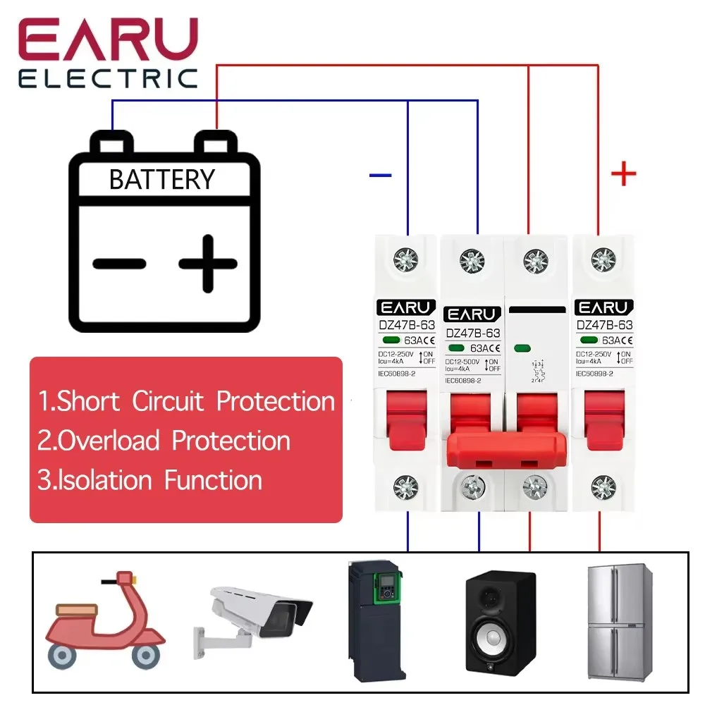 1P 2P DC 12V 24V 6A-63A MCB Battery Car Protector Positive And Negative Pole Protection Switch Isolator Min Circuit Breaker