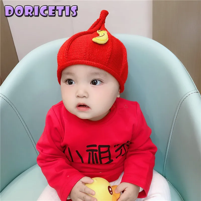 

Детская шапка из мягкого хлопка и шерсти, милая мультяшная однотонная вязаная шапка с изображением фруктов, уличная теплая дышащая шапка на...