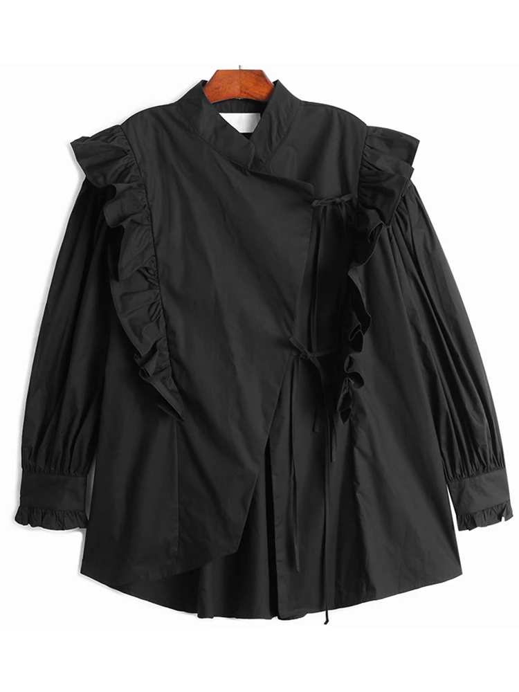 [EAM] Женская черная блузка большого размера с поясом и оборками новая свободная