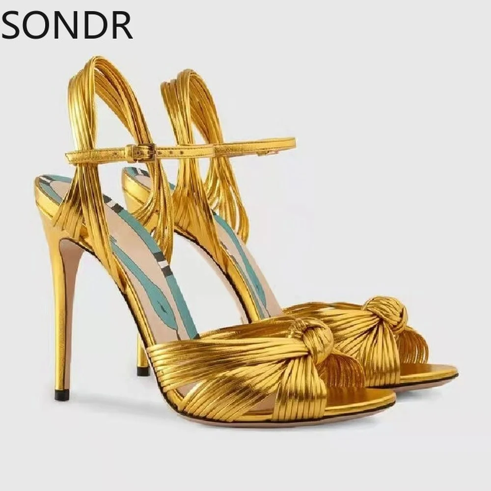 

Womens Peep Toe Bowknot Stilettos High Heel Sandals Slingbacks Straps Shoes Satin Silk Summer Gold Plus Size 6Colors 2022