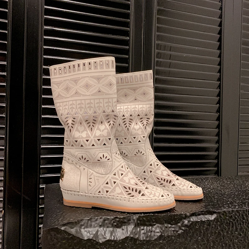 Женские кожаные сапоги с ажурным узором высокие дышащие Сапоги В рыцарском стиле