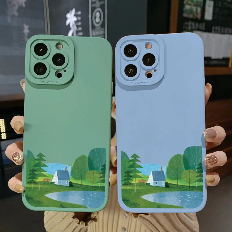

Nature Spring Green Landscape Hand Painted Phone Case For iPhone 11 13 12 14 Pro MAX SE 2020 7 8 Plus X XR XS Soft Silicon Cover