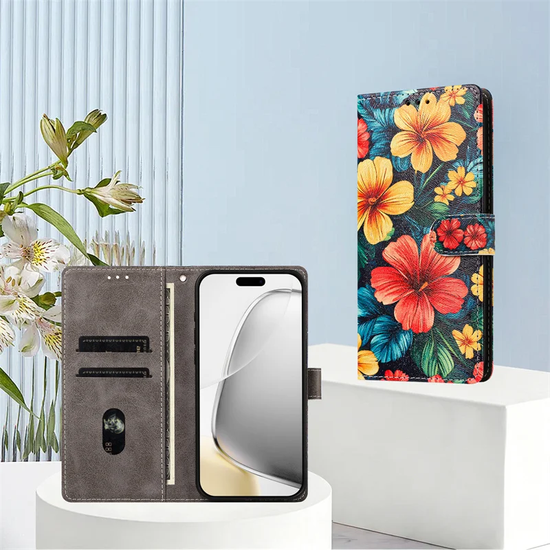 Чехол-кошелек Redmi Note15 Pro+ для Xiaomi Redmi Note 15 14 13 12 11 Pro Plus 12s 11s 4G 5G, кожаный чехол с цветком гибискуса (art.: 3920db033a732) - 3920db033a732