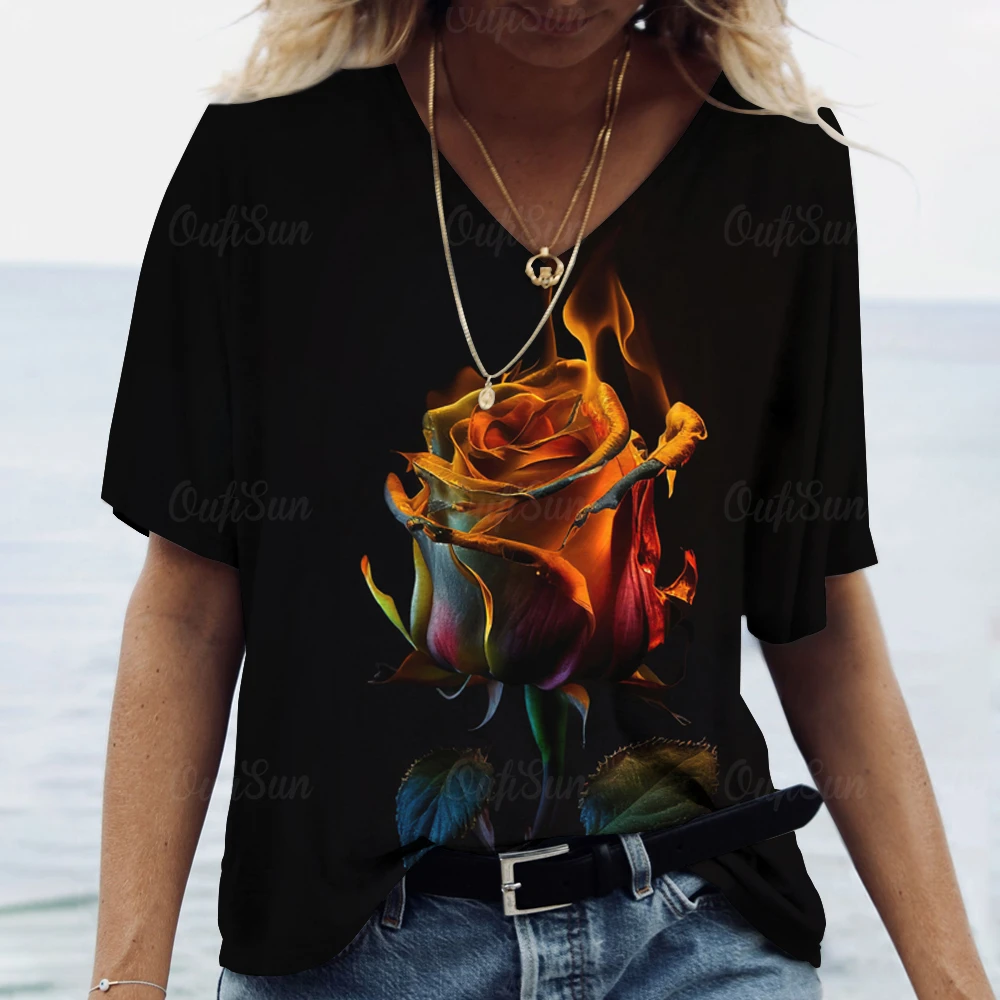 

Women T-Shirt 3d Flame Rose Print Short Sleeve Fashion V-Neck Tops Tee Y2k Clothing For Ladies Casual Vintage Harajuku T Shirt