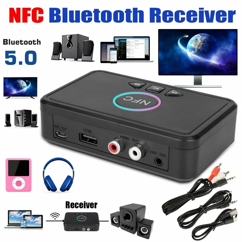 Wireless NFC Bluetooth Adapter BT5.0 Receiver Transmitter Audio 3.5mm Jack AUX 2 RCA Stereo Sound For Speaker Headset Car DVD