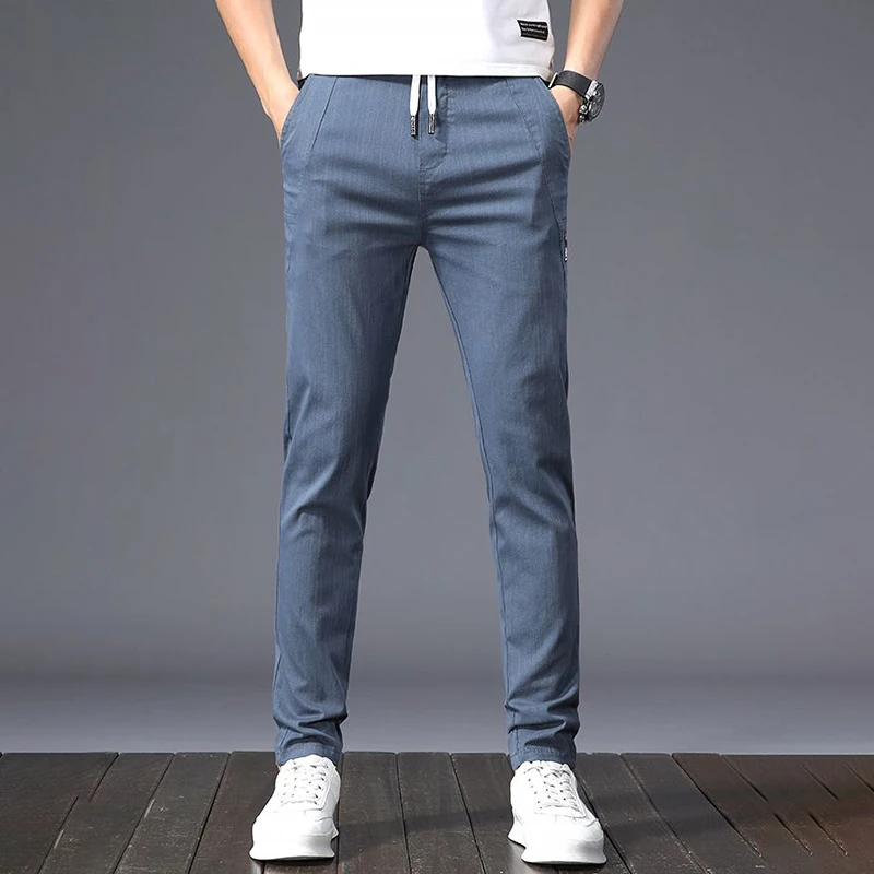 

Мужские летние повседневные брюки из вискозы, прямые эластичные брюки-трубы с высокой кулиской, Новинка осени 2023, мужские шикарные деловые синие брюки