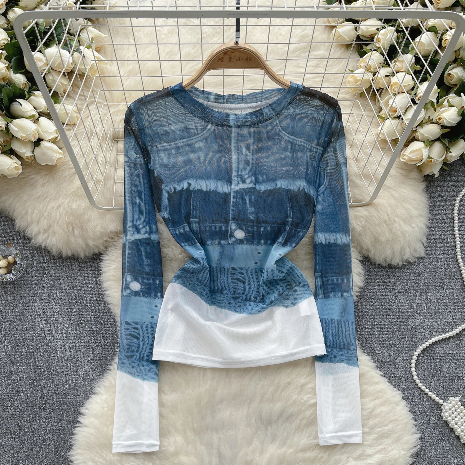 

Vintage Print Mesh O Neck Long Sleeve T Shirt Casual Slim Sexy Chic Thin Tees Women Streetwear Fashion Crop Top