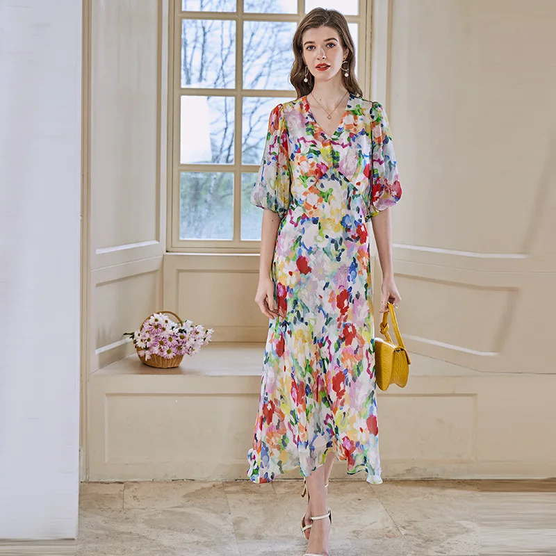 

100℅ Natural Silk Dress for Women V-neck Elastic Waist Slim Fit Mulberry Silk Dress Half Sleeves Printing Midi Dress WF2306