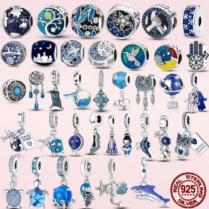 

925 Sterling Silver Blue Series Moon Plane Space Series Glass Beads Clip Charm Fit Original Pandora Bracelet Bangle Jewelry Gift