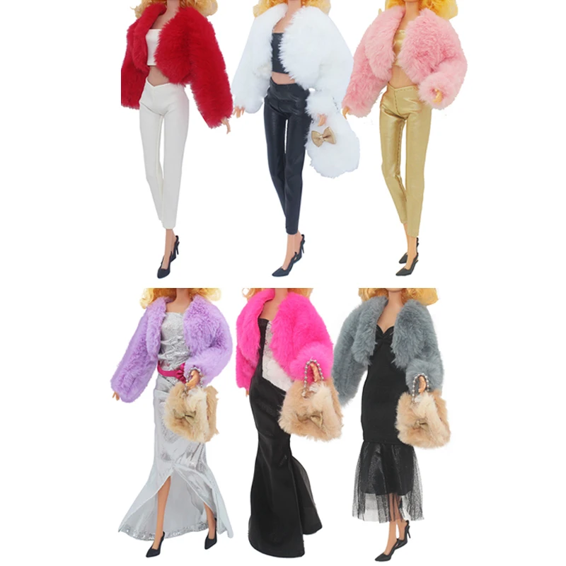 

1Set Fur Vest Coat + Dress Casual Outfit For 11.8 Inch 30CM Doll Clothes Accessories Winter Style Shoes Bags Pants