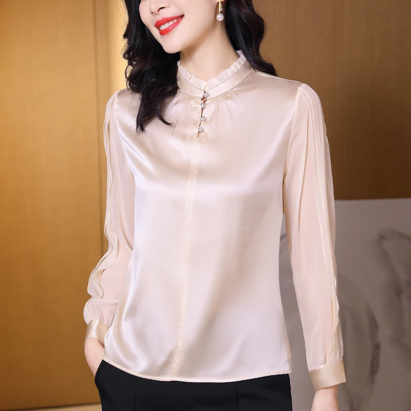 

Блузка Женская атласная с длинным рукавом, элегантная Однотонная рубашка из натурального шелка, в винтажном стиле, офисный Топ, весна-осень