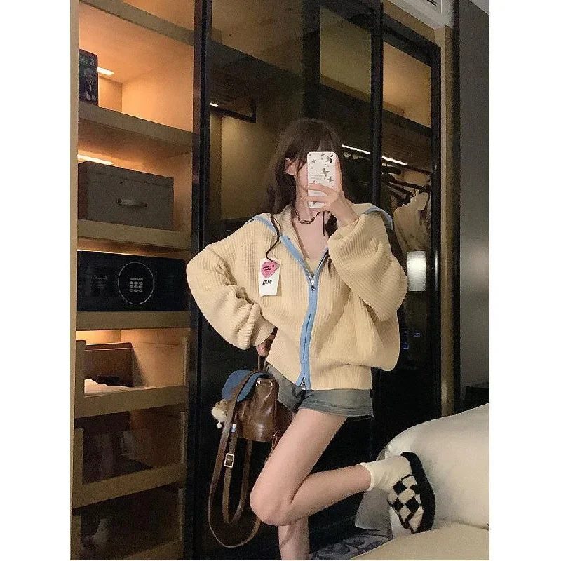 Осенняя Новая Вязаная куртка свободного кроя с капюшоном женская маленькая в