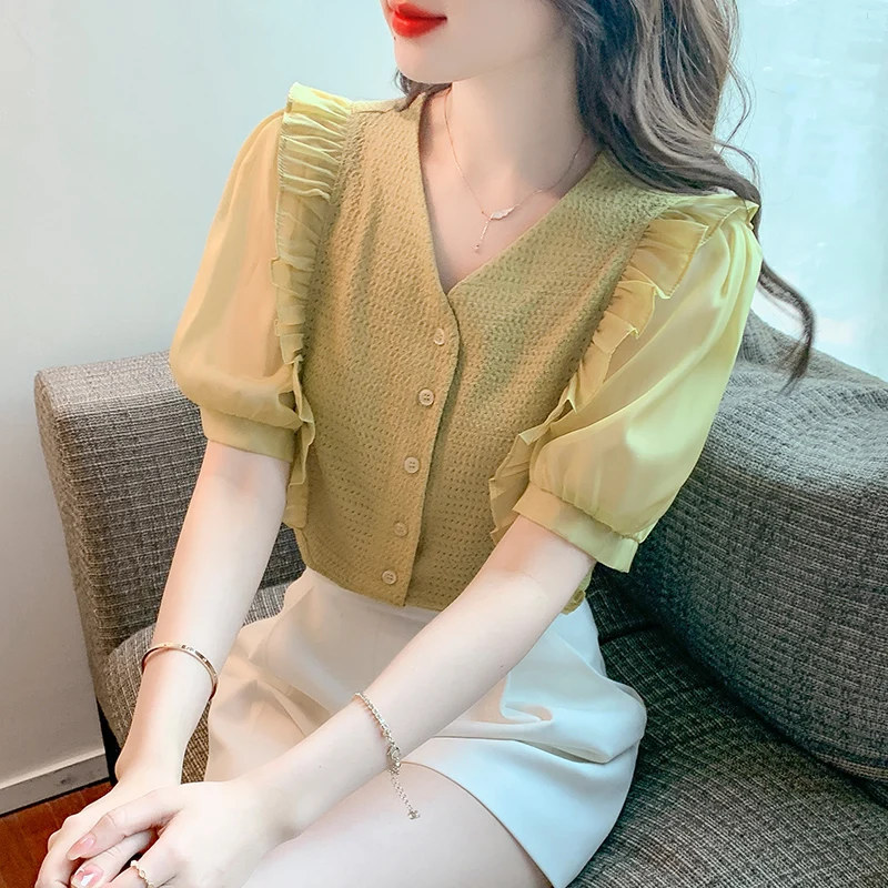 

Elegant V-neck Women Blouse Shirt Summer Fashion Ruffled Puff Short Sleeve Blouses Yellow Casual Woman Tops 2022 New