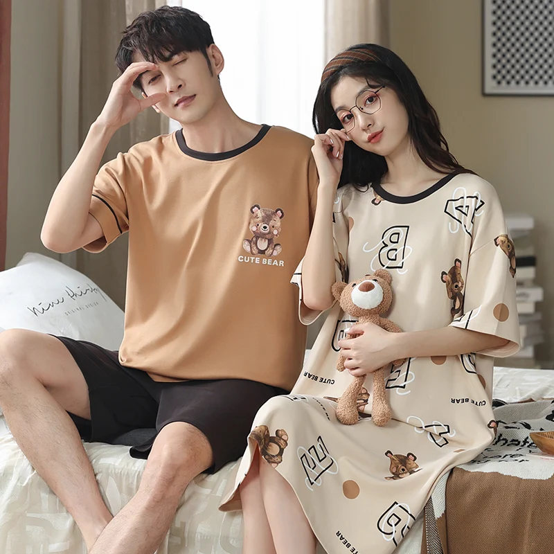 

Летняя Хлопковая пижама для пары, свободная мягкая женская одежда для сна с коротким рукавом и круглым вырезом
