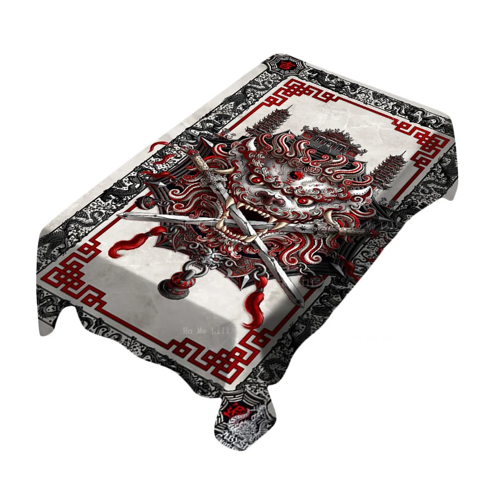 

Chinese Protected Sword Lion Fantasy Home Decoration Bloody White Goth Style Rectangle Tablecloth By Ho Me Lili