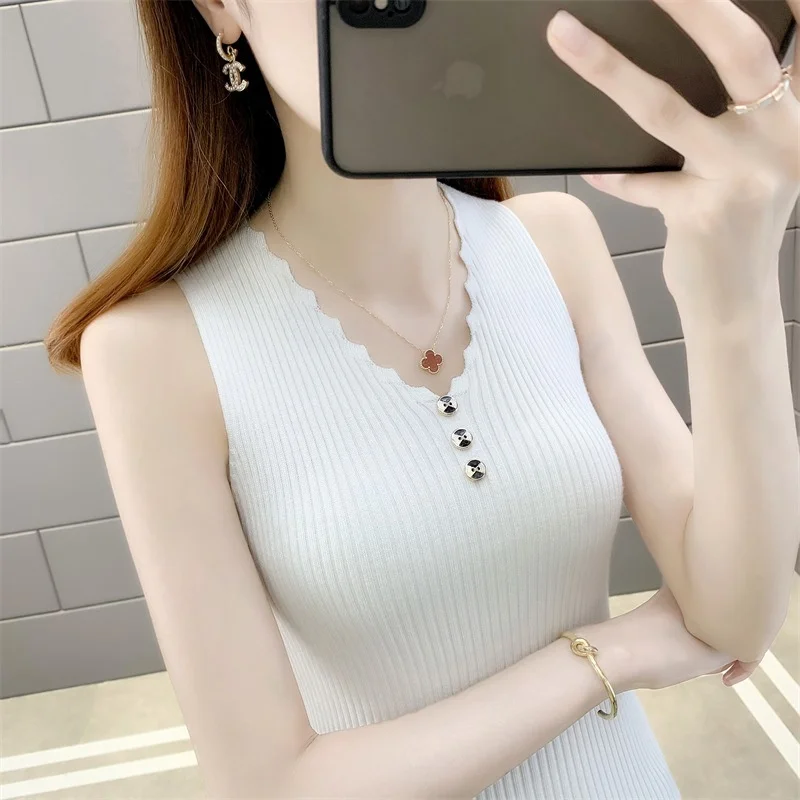 Knitted suspender tank top Women's 2023 Spring New Solid Simple Suit Overlay Top Slim Fit Slim Bottom Shirt