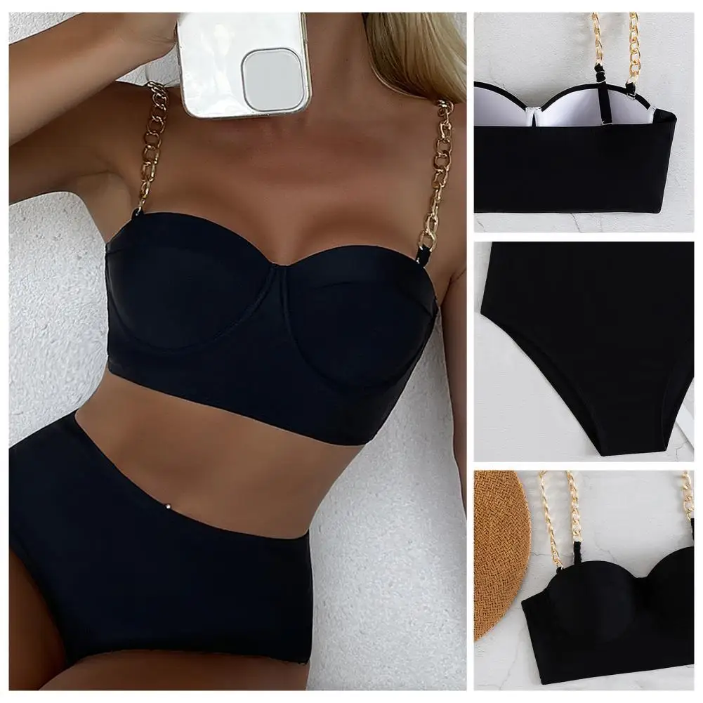 

2Pcs/Set Sexy Women Split Bikini Solid Color Off Shoulder Metal Chain Strap Black Adjustable Push Up Swimwear for Beachwear