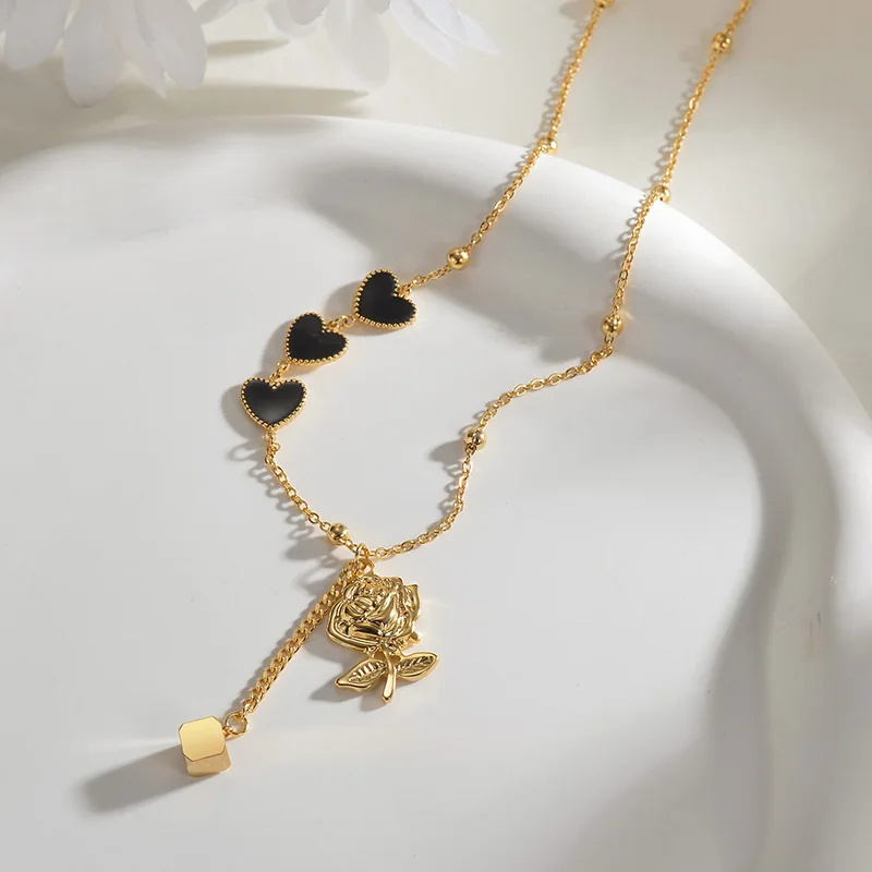 Fashion Jewelry Heart Necklace Women Girl Valentine Gifts Rose Flower Pendant Stainless Steel Chains