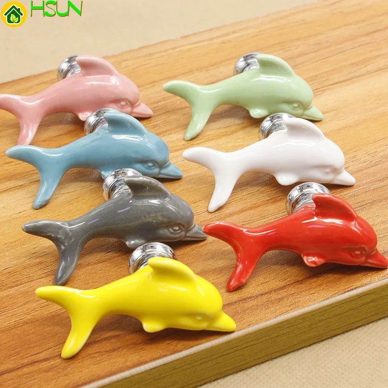 

2 pcs Lard ceramic handle European Cabinet Door Drawer single hole White Dolphin ocean world cartoon