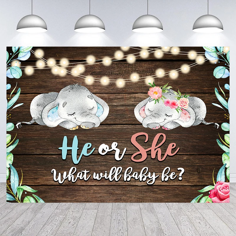 

Elephant Gender Reveal Backdrop He Or She Baby Shower Party Banner Decoration Supplies Photography Background Photobooth Prop