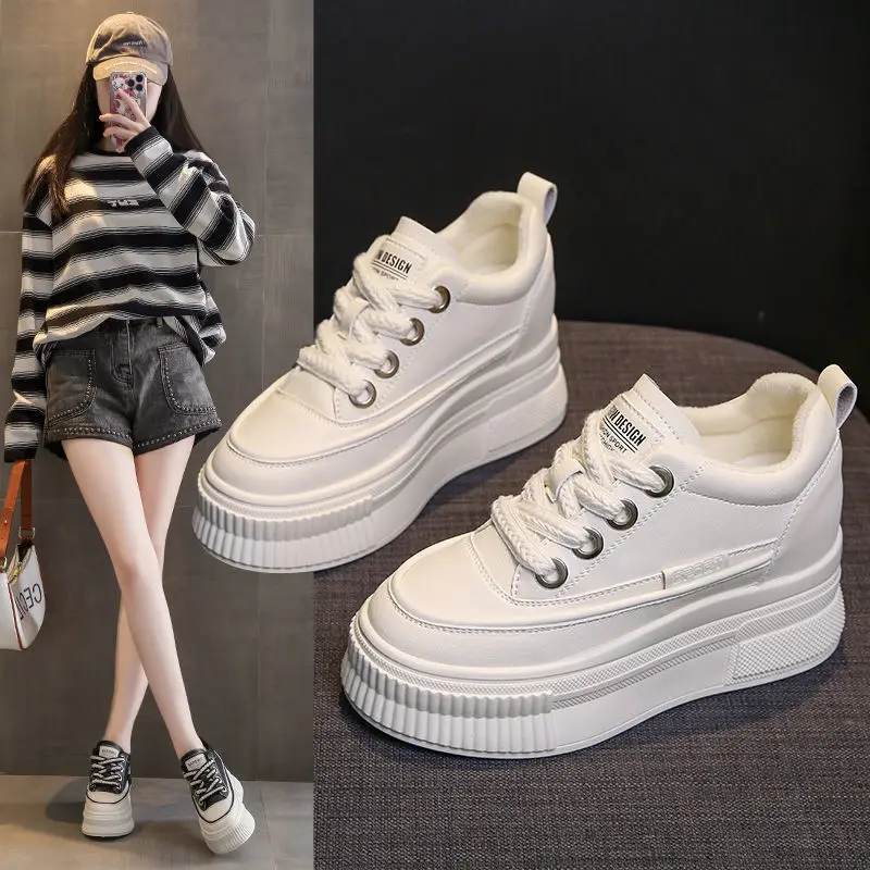 Height Increasing Insole Leather Women's 2023 New Spring Thick Bottom Soft Bottom Sports Sneakers Shoes 7cm
