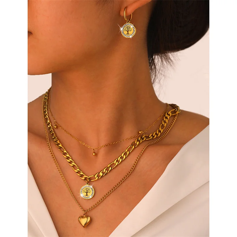 316L Stainless Steel Multi-layer Chain Love Tree Of Life Pendant Necklace Earring Women's Jewelry Set