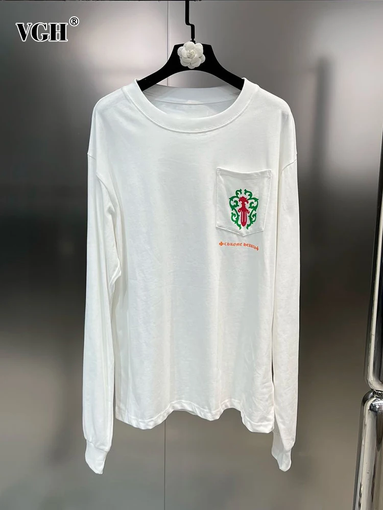 

VGH Hit Color Loose Casual T Shirt For Women Round Neck Long Sleeve Patchwork Pocket Oversize T Shirts Female Fashion Style New