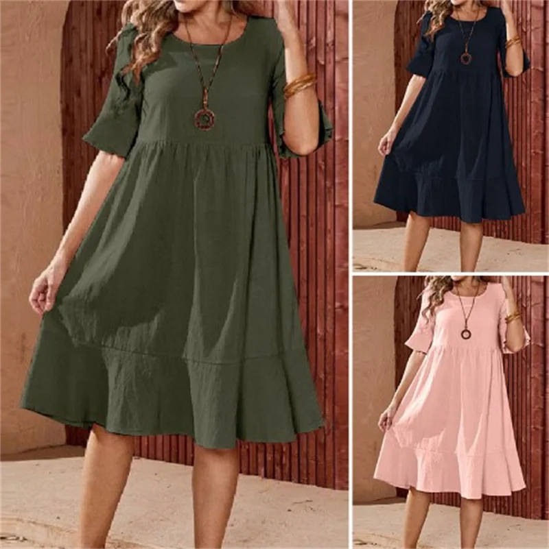 

Woman Summer Fashion Dresses Women's Casual Half Flare Sleeve O Neck Solid Color Cotton Linen Medium Long A Line Dress