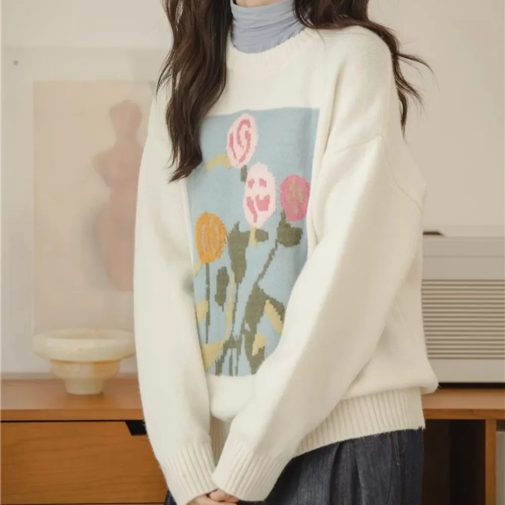 Женские пуловеры вязаные с цветочным принтом милые нежные свободные